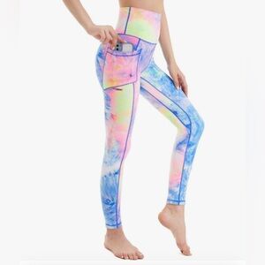 Rainbow Tie Dye Workout Barre Yoga Running Leggings With Pockets, Size Large
